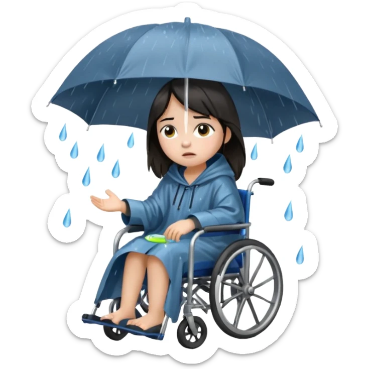 Girl with dark hair  in a wheelchair with rain poncho sad with rain storm  sticker