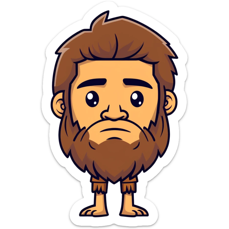 caveman with a long jawline, butt chin, brown hair, slight unibrow, brown eyes, and tan skin sticker