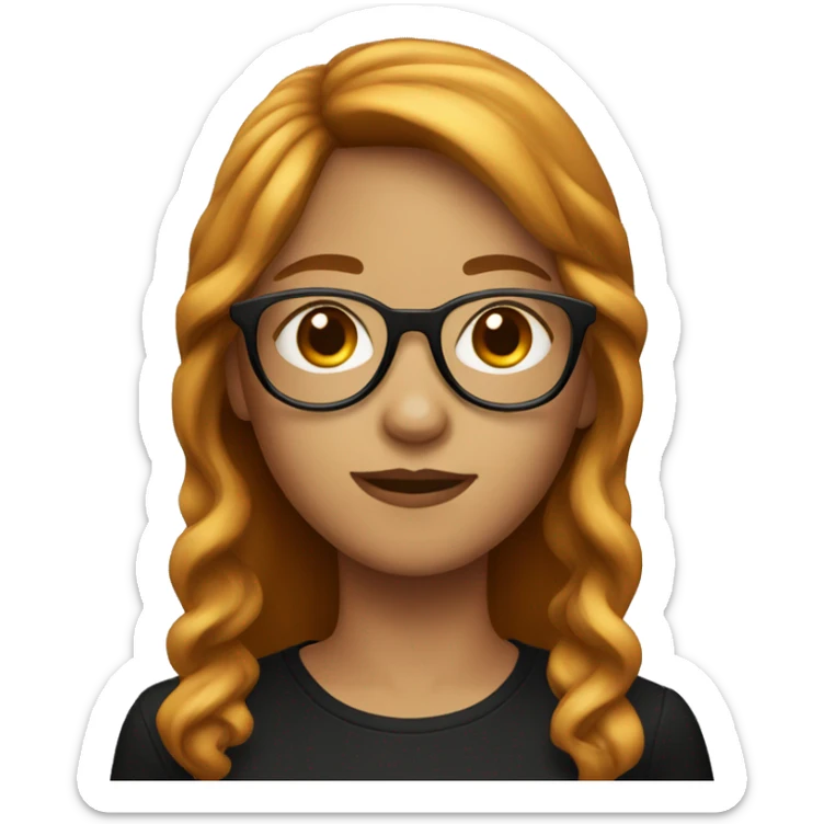 Make the iPhone style emoji of a girl with bangs, medium hair a little wavy, black t-shirt, reddish hair, and glasses. sticker