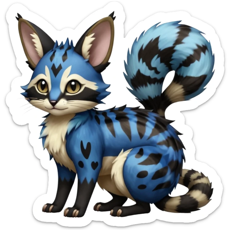  ink-black fur laced with oil-slick bronze and abyssal cobalt runes fur with random dark markings beautiful elegant pretty precious cute  Fakémon-Pokémon-opossum-feline-serval-caracal-chinchilla-Furret-Minccino-hybrid-creature with a big fluffy bushy tail (full body) sticker