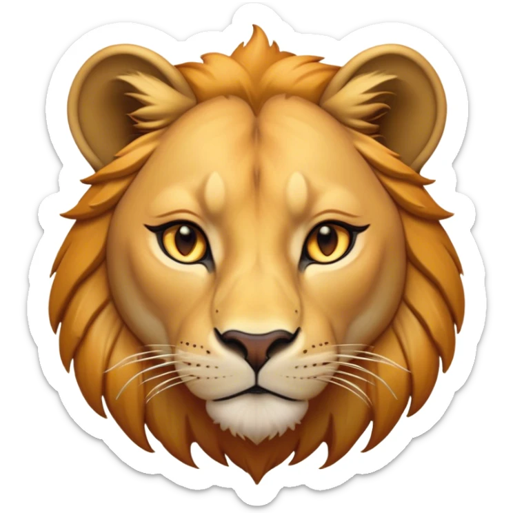 Cinematic Noble Lioness Portrait Emoji, Poised and regal, with a graceful, athletic build and a sleek, tawny Fur, piercing soulful amber eyes, Simplified yet sharp and sophisticated features, highly detailed, glowing with a warm, dignified glow, high shine, intelligent and fierce, stylized with an air of wild elegance, focused and attentive, soft glowing outline, capturing the essence of a watchful and confident lioness, so majestic it feels as though it could silently prowl out of the screen with effortless authority! sticker