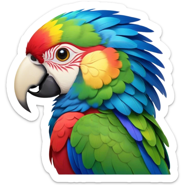 Cinematic Noble Macaw Portrait Emoji, Poised and regal, with vibrant, iridescent feathers in a spectrum of brilliant colors and sharp, intelligent eyes, Simplified yet sharp and sophisticated features, highly detailed, glowing with a soft, tropical radiance, high shine, majestic and graceful, stylized with an air of exotic elegance, focused and alert, soft glowing outline, capturing the essence of a watchful and confident avian guardian that seems ready to soar out of the screen with effortless authority! sticker