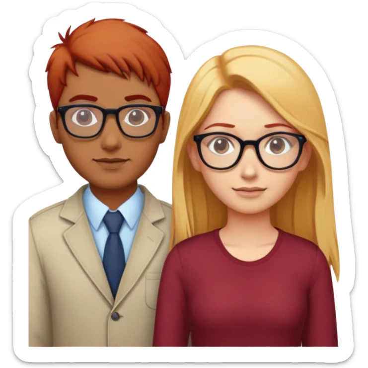 Indian man standing between a red haired girl with glasses and a blonde haired girl with glasses sticker