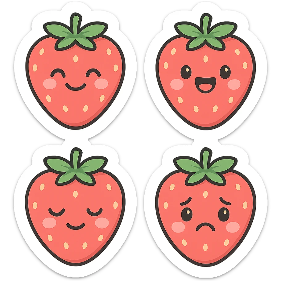 A series of illustrations stawberry in a kawaii emoji style, with detailed shading and highlights, thin clean outlines, soft and rounded features. Pastel color palette using  #FF5B5B, #CE4C4C,#CE4C4CThe style is inspired by modern Japanese pop art and sticker aesthetics. Highly detailed, vector clarity, soft lighting and subtle shadows. Transparent background without background. sticker