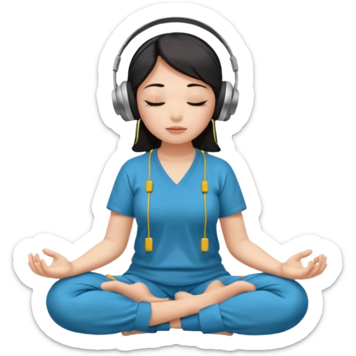An East Asian woman is sitting cross-legged in a meditation pose, wearing Apple headphones and listening to music. The song is so beautiful that she has her eyes closed and tears streaming down her face. sticker