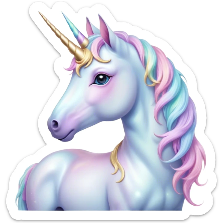 Beautiful and Majestic Unicorn Pony Portrait Emoji, Head and body radiating gentle magic with a soft pastel color, a delicately sparkling horn and eyes gently closed in peaceful wonder, Simplified yet exquisitely endearing features, highly detailed, glowing with a soft, ethereal light, high shine, serene and utterly majestic, stylized with an air of fairy-tale regality, soft glowing outline, capturing the essence of a beautiful and majestic unicorn pony that embodies the enchanting spirit of a dream! sticker