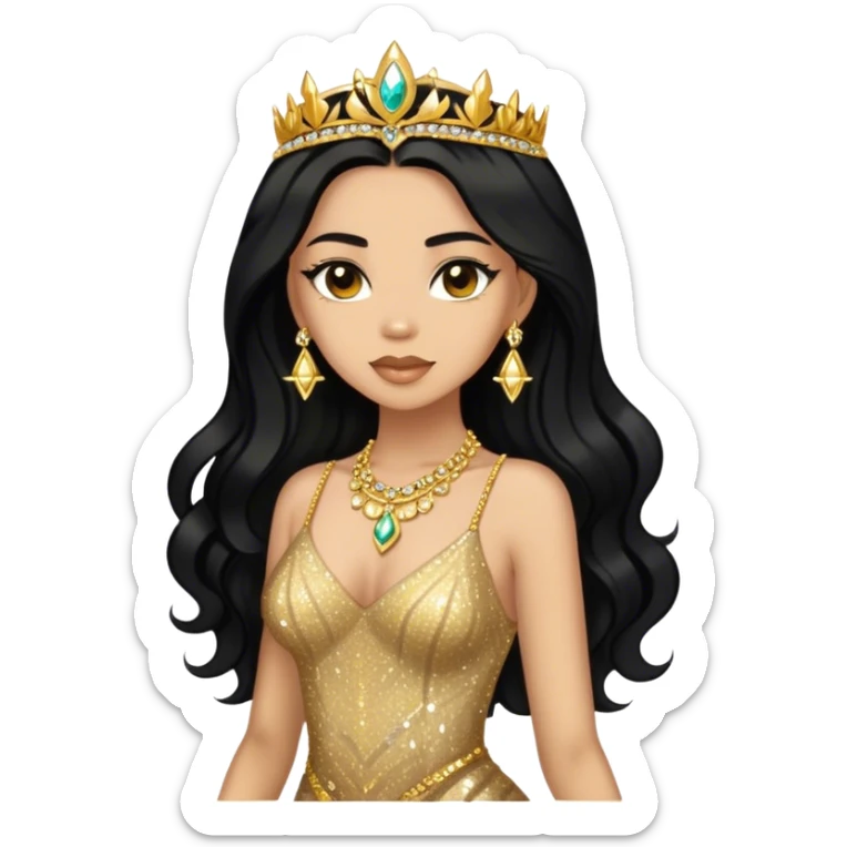 light skin woman with black long hair in gold sparkle dress with gold jewelry sticker