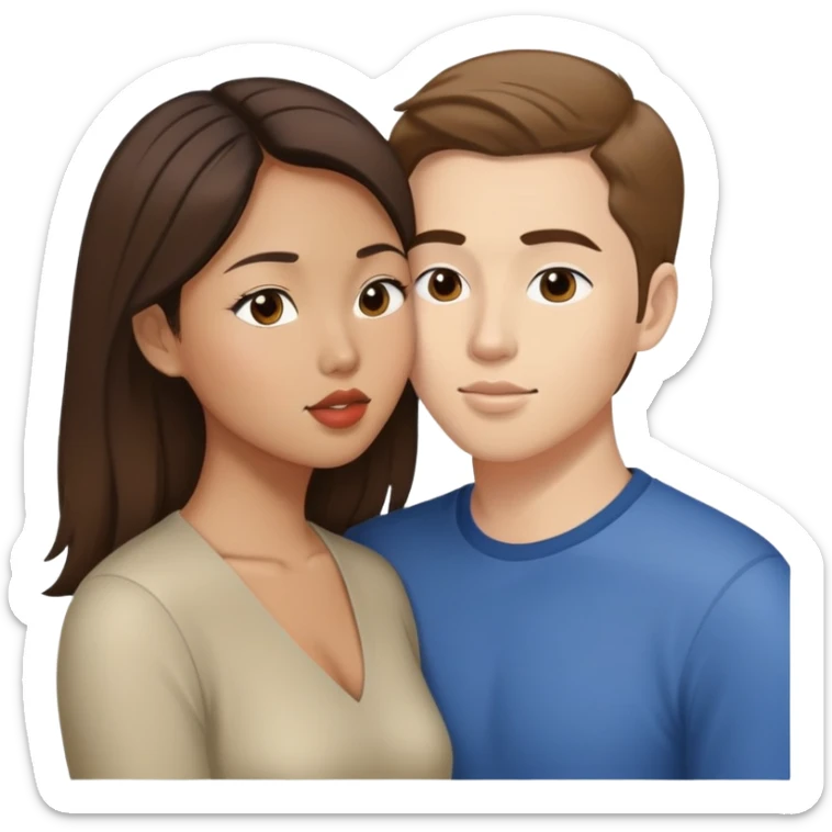 Asian American woman kissing a white guy with brown hair sticker