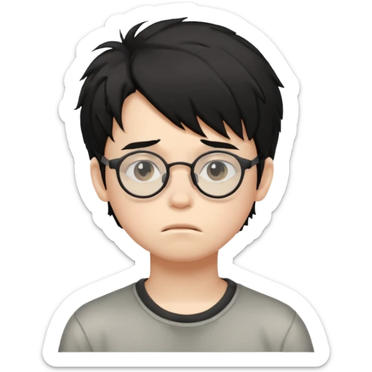 
young boy, 16 years old, messy black hair, glasses, sad face emoji sticker