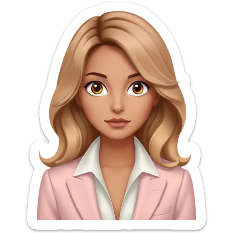 A 30-year-old woman with tanned skin, light brown long wavy hair, delicate face, almond-shaped eyes with smoky foxy eye makeup, brown eyes, wearing a light pink blazer and white satin cowl neck blouse with thin straps sticker