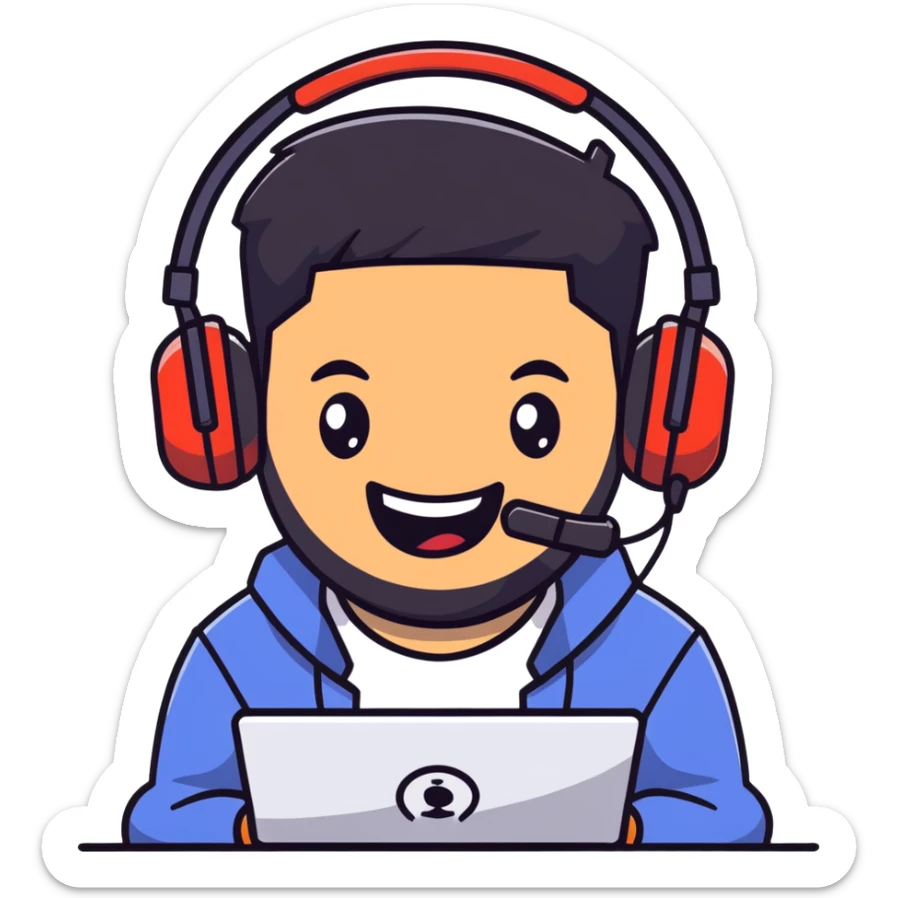 anime style laughing man with black hair, brown eyes, black beard wearing gaming headset sticker
