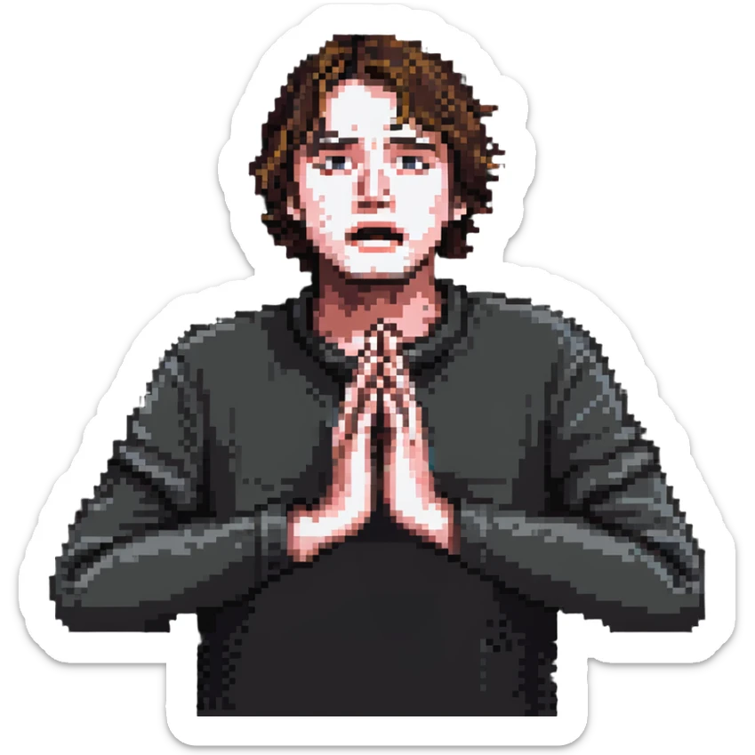 anxious man with hands outstretched in begging position with worried fearful expression sticker