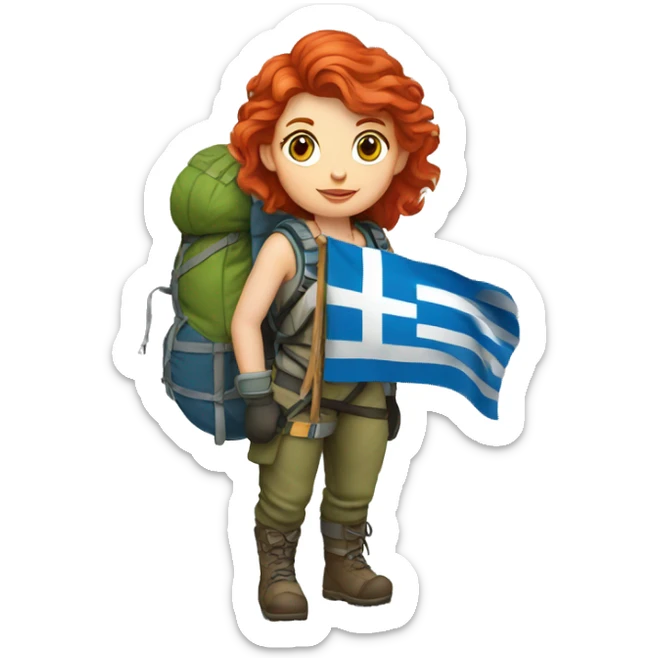 Female winter mountain climber red hair climbing, holding Greek flag on backpack and holding Easter eggs basket sticker