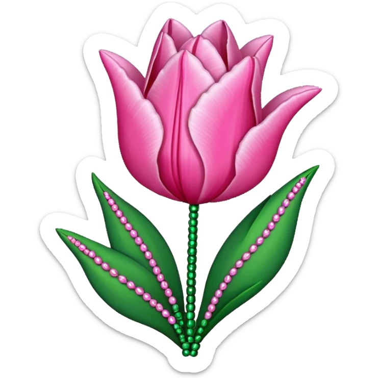 french beaded pink tulip flower with 2 leaves, handmade with glass beads, no background sticker