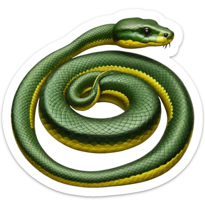 A photo-realistic top-down view of a Green Anaconda tightly coiled in a spiral, with its broad, flat head resting at the center. Its thick, muscular body is olive-green and covered in symmetrical, bold black oval spots that stand out against its smooth scales, creating striking natural camouflage. sticker