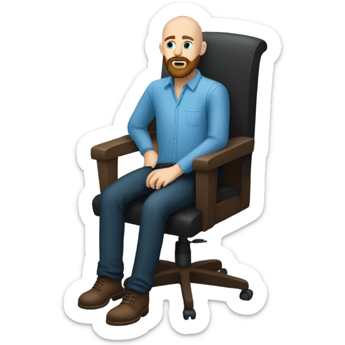 Bald, Caucasian, sky-blue-eyed, Psychotherapist in a modern colorful chair. He has a brown full beard and he’s Wearing a black dress shirt with a subtle pattern, blue jeans and black Chelsea boots with his legs separted leaning forward grey in goatee sticker
