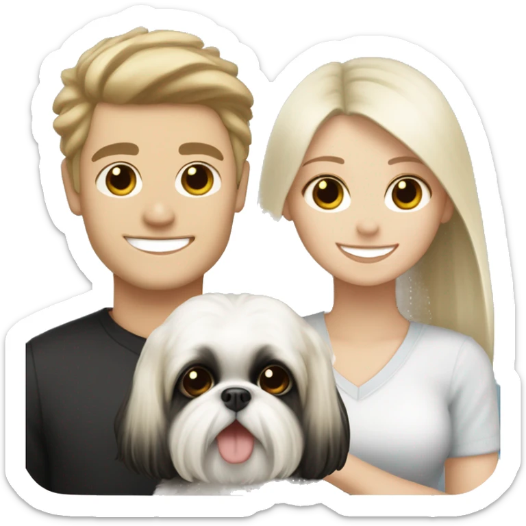 White blonde long-haired girl and white brunette boy carrying happy black Shih Tzu sticker