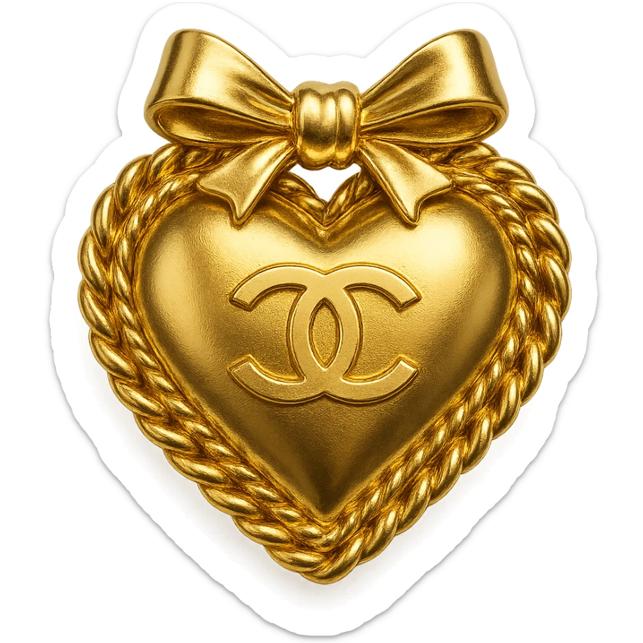 Chanel heart in metallic gold style with a chain border and a bow, chic and feminine sticker
