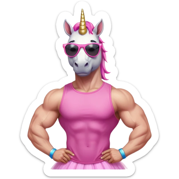 friendly anthropomorphised masculine unicorn with horse-like face, muscular bodybuilder build, in tutu and pink t-shirt, wearing dark sunglasses, standard pose, close-crop head and shoulders portrait sticker