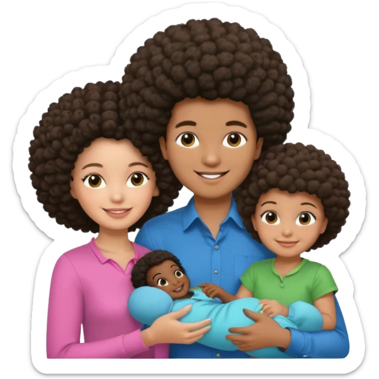 Polaroid photo with a dark woman with an afro hairstyle and a green blouse, two children: a boy with straight hair and a blue shirt, and a baby girl in a pink shirt. All are smiling. sticker