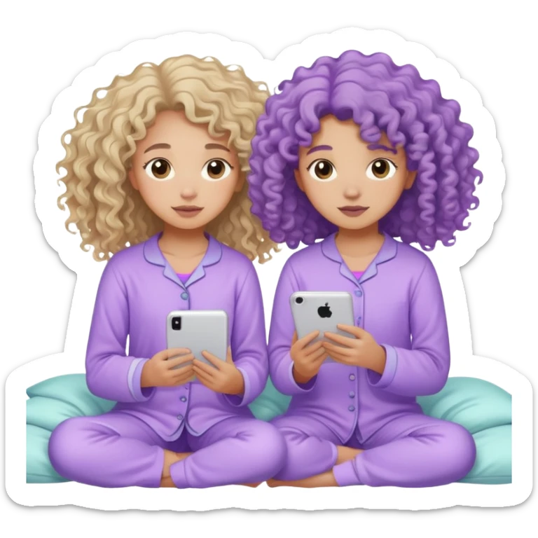 extrovert light skin, girl and wavy hair playing with introvert, curly hair, not light skin, they both  15 years old and they both wearing pastel purple pajamas sticker