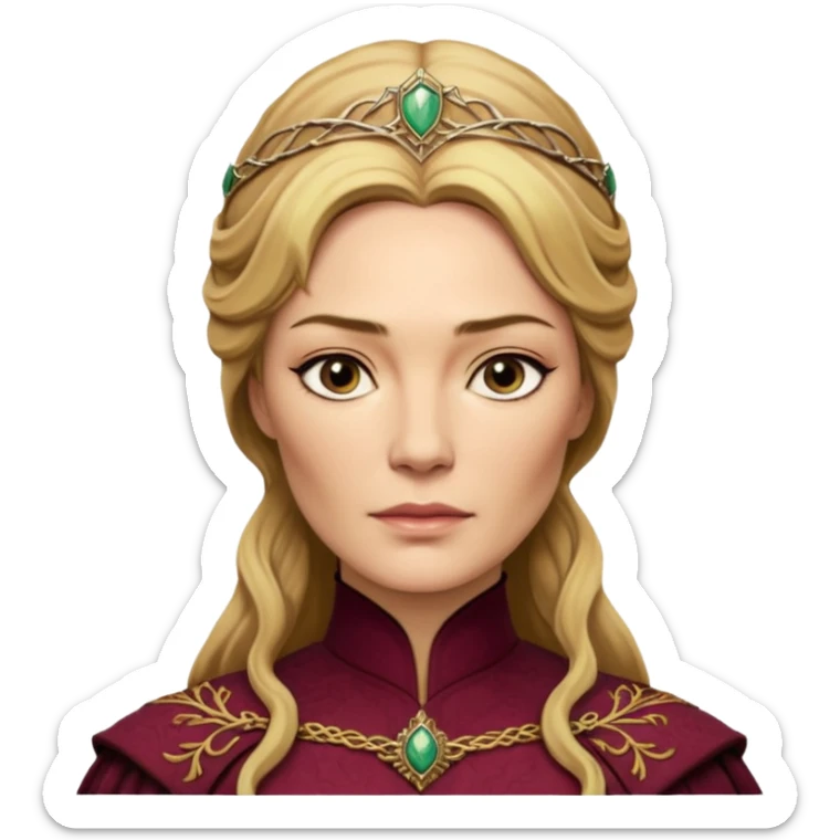 Cinematic Realistic Cersei Lannister Portrait, depicted with lifelike skin texture, subtle rosy undertones, and soft natural lighting that enhances the gentle contours of her face. Her intricately detailed golden blonde hair is elegantly styled , sticker
