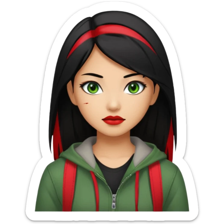 Asian-Latina woman with black hair with a red streak, green eyes, and an alternative/grunge style of clothing. sticker