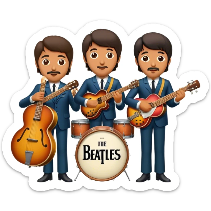 Cinematic Realistic The Beatles Group Emoji, depicted as an iconic band of four exuding playful charisma and musical genius with retro instruments and vibrant expressions, rendered with rich textures and nostalgic dynamic lighting that captures their legendary impact on pop culture. sticker