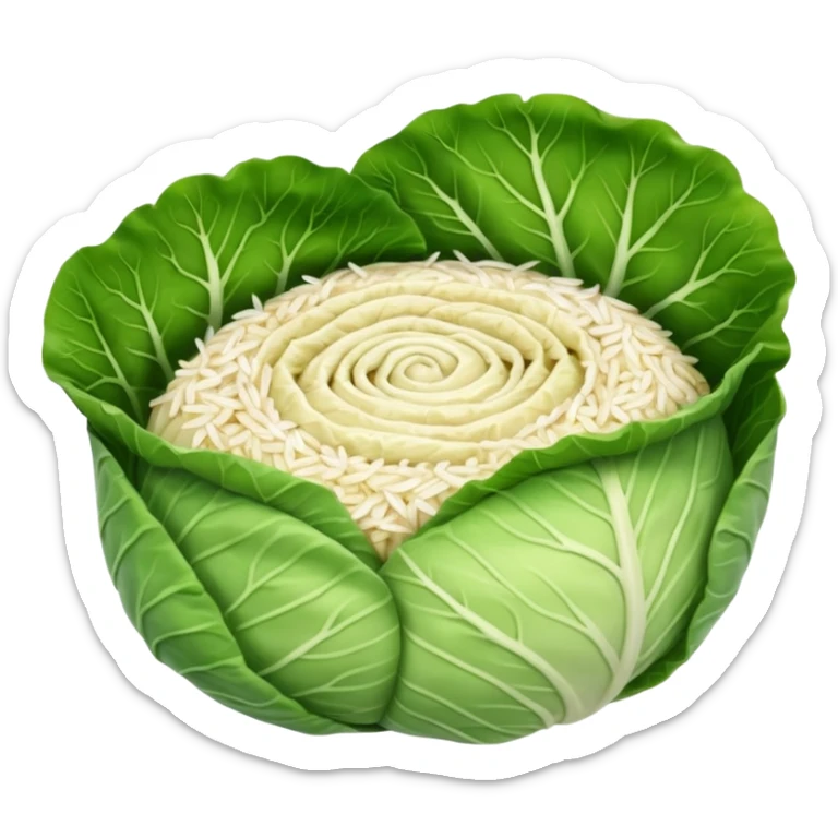 Emoji of sarmale: a small rolled cabbage leaf, pale green and slightly wrinkled, with a visible meat-and-rice filling, simple rounded emoji style, warm and cozy. sticker