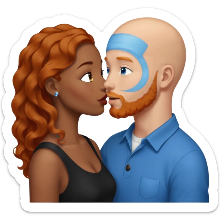 Bald white male with ginger beard and blue eyes kissing African American brown woman with black wavy hair sticker