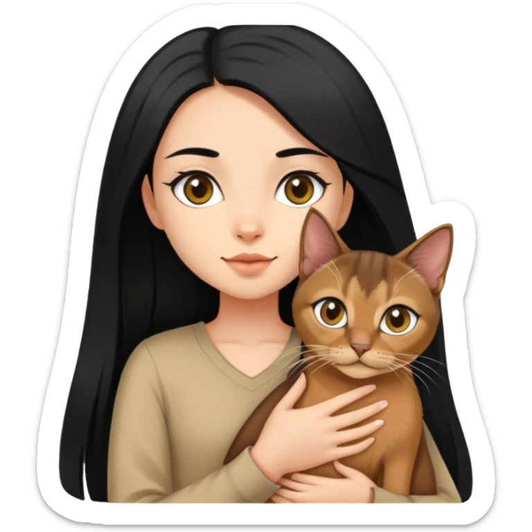 The girl with long black hair holding a Abyssinian cat sticker