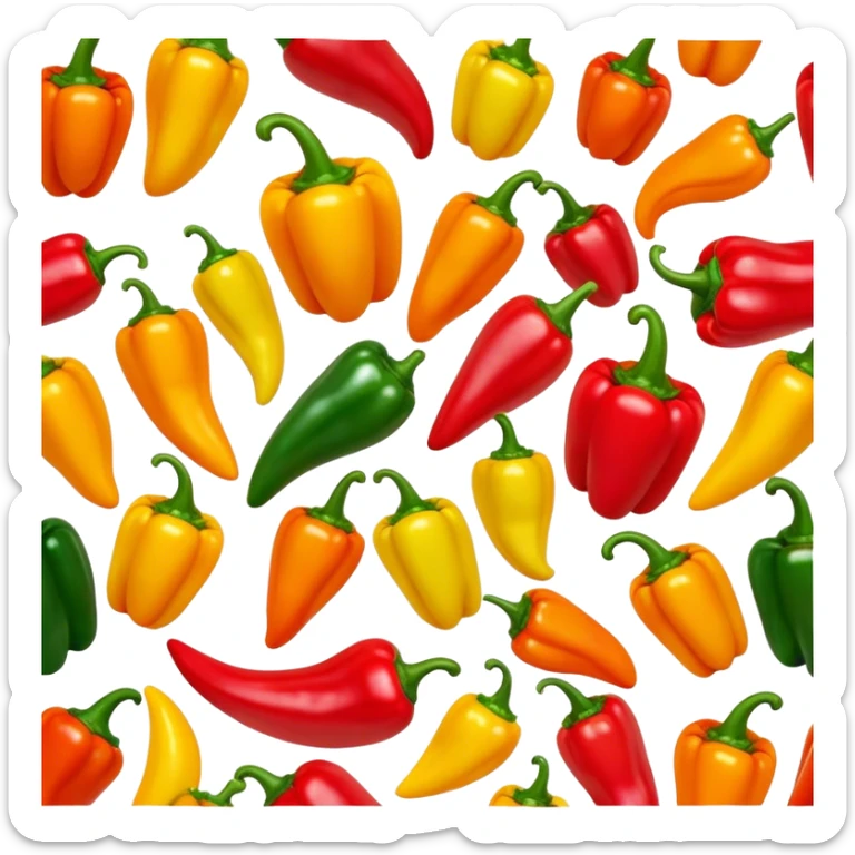 Cinematic bright colorful peppers, glossy and fresh, arranged in a vibrant mix of red, yellow, and green, warm glowing background, fresh and lively. sticker