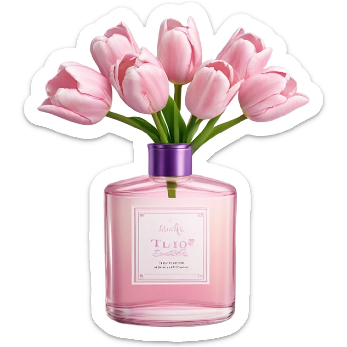 Aesthetic arrangement of pastel pink tulips and a retro violet perfume bottle.
 sticker
