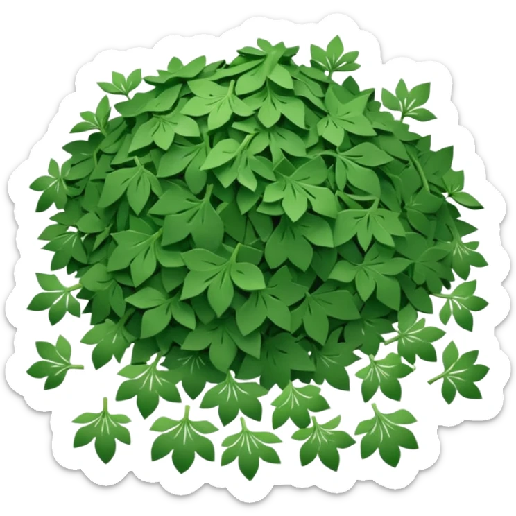 loose scatter of flat jagged green flakes, crisp and matte, evoking dried wild garlic, soft lighting, subtle shadows, emoji scale sticker