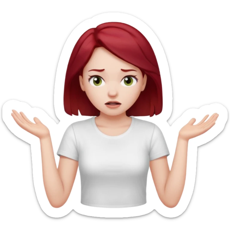 younger woman shrugging, eyes closed, white t-shirt, dark red hair sticker