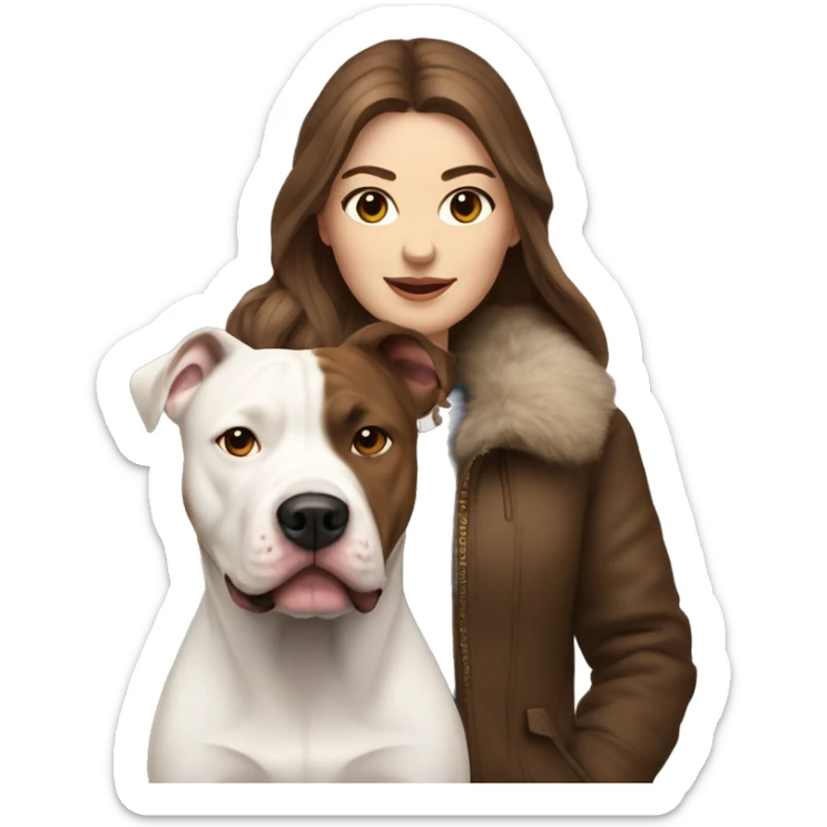 white woman with long brown hair in a furry jacket standing alongside a white pitbull sticker