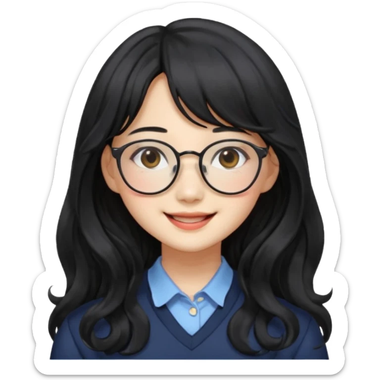 Please generate a portrait of a pretty girl with long, wavy, black hair. She's smiling. She also wears a middle parting and bangs. with glasses pink wonyoungsim from ive fom kpop group sticker