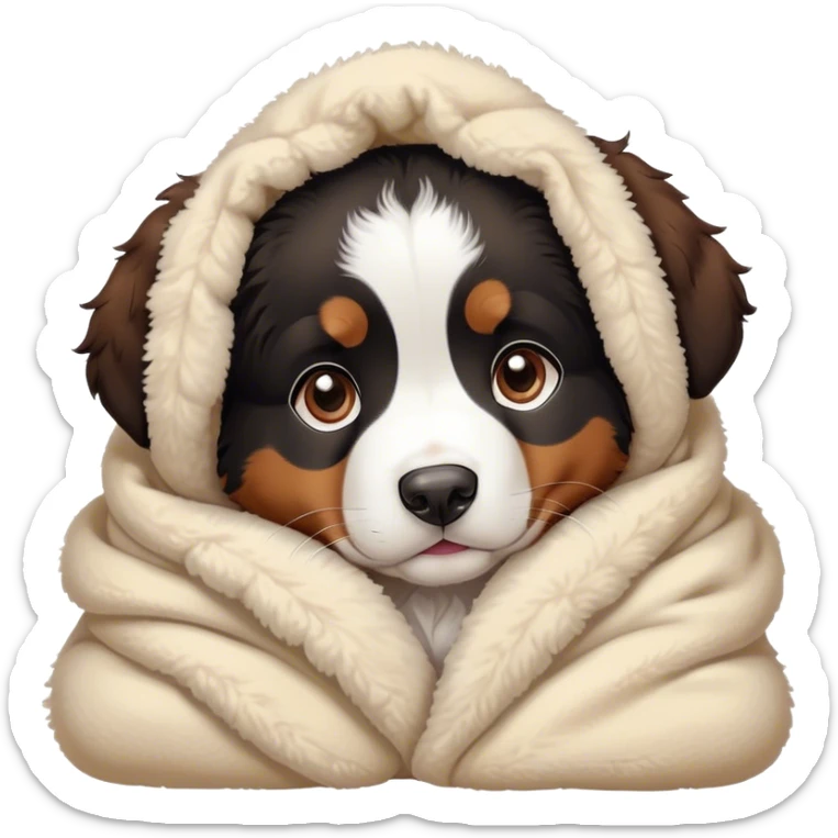 bernese mountain dog puppy cozy in a sherpa blanket, kawaii disney-style cute sticker