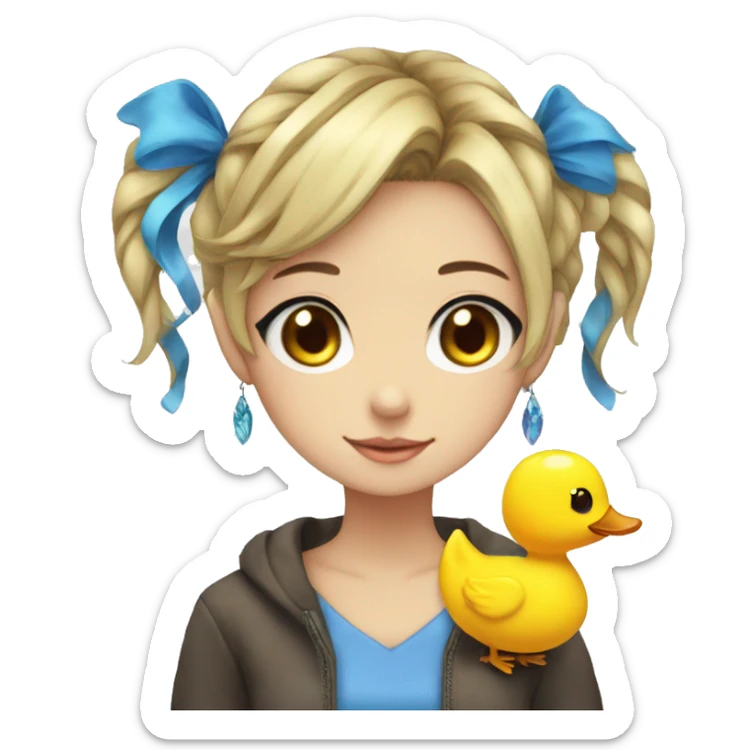 an anime girl with blue eyes, fishbone earrings, and a ducky hairclip sticker