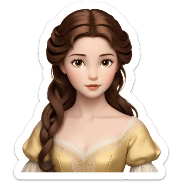 Cinematic Realistic Belle Portrait, depicted with lifelike skin texture, soft natural lighting, and intricately detailed brown hair styled elegantly. Her deep, expressive eyes exude warmth and intelligence, complemented by a serene and graceful expression. She is dressed in her classic attire, with rich fabric textures and delicate folds that catch the light beautifully. The portrait features a soft, enchanting glow with a natural, radiant finish, capturing the essence of timeless beauty in a realistic and painterly style, evoking a sense of depth and authenticity. sticker