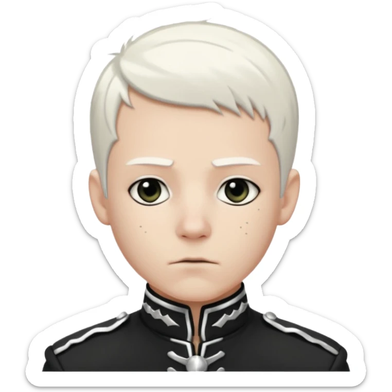 Head and shoulders emoji of a pale man with short white hair, wearing a black marching band jacket with silver trim. black eyeliner. Expression stoic, commanding, and theatrical, heroic emo style sticker