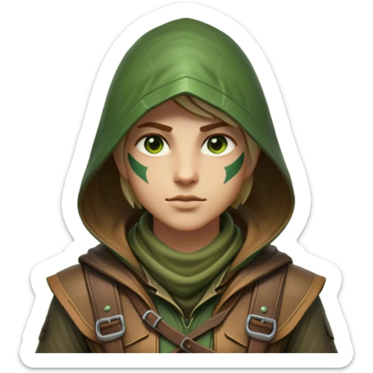 Clash of Clans aesthetic friendly Ranger Portrait Emoji, With a lean, agile build clad in earth-toned leather and green accents, a keen, focused gaze and a weathered hood shadowing determined eyes, his face rendered in a natural skin tone (not yellow), Simplified yet sharply defined features, highly detailed, glowing with a soft, natural woodland radiance, high shine, intelligent and resolute, stylized with an air of forest guardian authority, focused and alert, soft glowing outline, capturing the essence of a confident ranger ready to defend the wild with stealth and valor! sticker