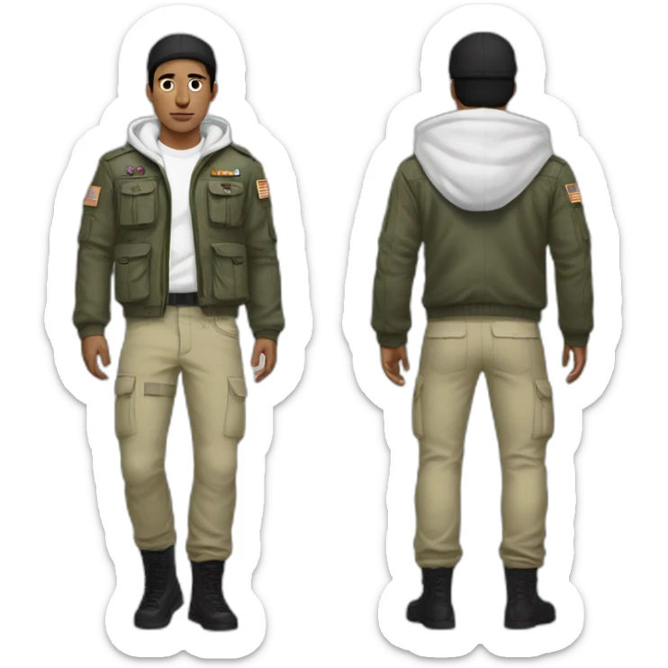 white guy black hair with militay print hat and white hoodie and pants sticker