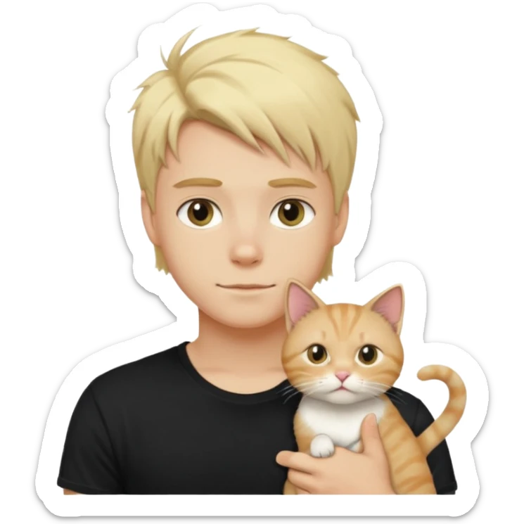 sexy boy with blond rozcuchanými hair and black t-shirt with cat  sticker