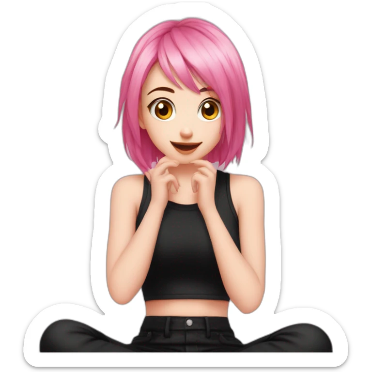Full body Front view curvy emo girl pink hair sits on the floor straight view hands up black skirt полосатые рваные чулки sticker