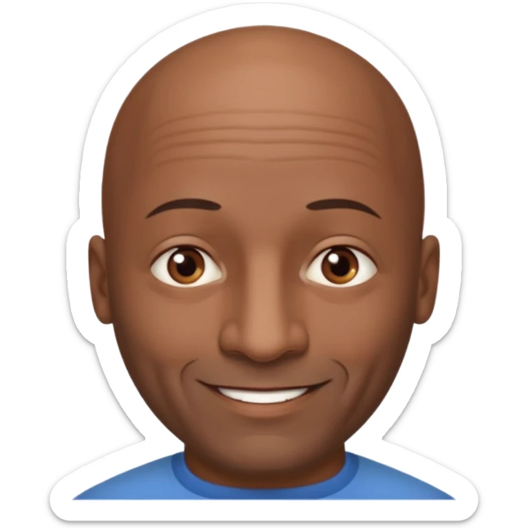 Black bald 55 year old looks younger  man no facial hair brown eyes kind smile wide nose sticker