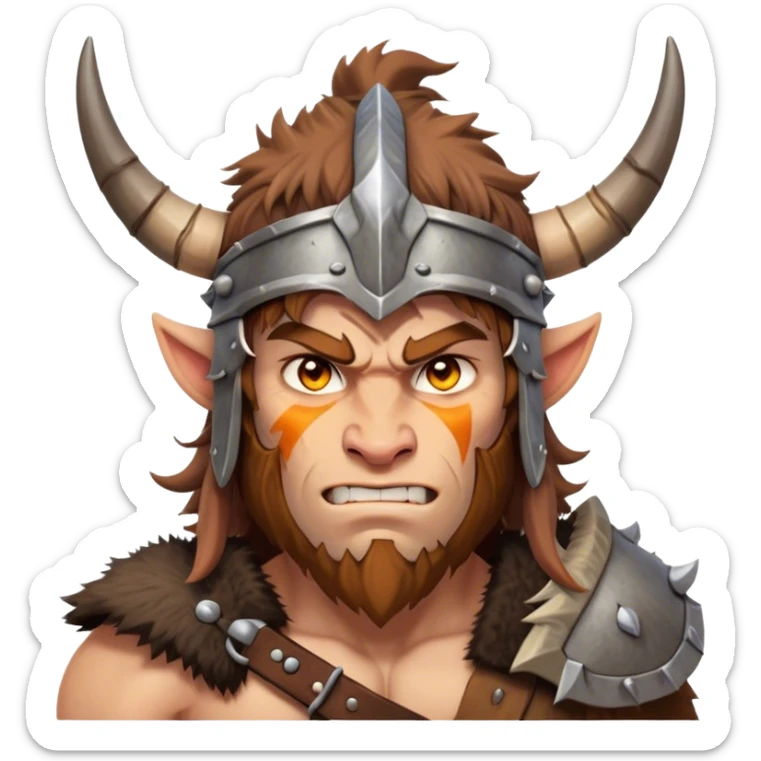 Clash of Clans aesthetic: Cinematic Fierce Barbarian Portrait Emoji, Poised and bold with a rugged yet cartoonish build in tattered furs and a horned helmet, his face rendered in a natural skin tone (not yellow), expressive bright eyes and a confident smirk, Simplified yet dynamic features, highly detailed, glowing with a vivid, adventurous aura, high shine, heroic and spirited, stylized with an air of medieval warrior charm, focused and energetic, soft glowing outline, capturing the essence of a fearless barbarian adventurer ready to lead his clan with spirited valor! sticker