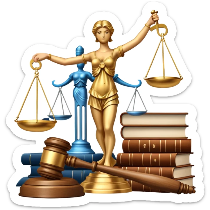 An icon featuring a gavel, scales of justice, and legal books, symbolizing law. The design includes a courthouse building in the background, representing the legal system and justice. Transparent background highlights the authority and structure of the law. sticker
