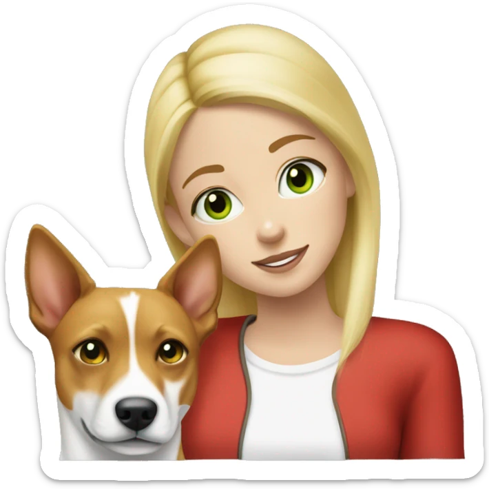 a white green eyed blonde girl and a red and white basenji dog sticker