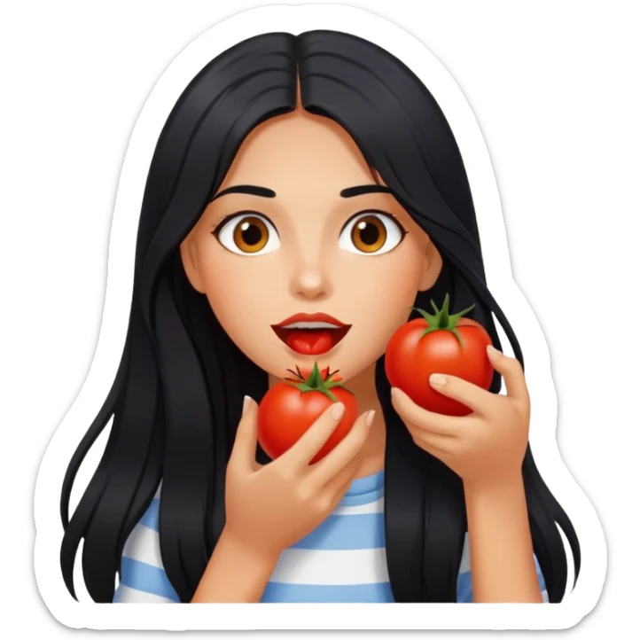 Pretty tanned girl with long black hair, eating tomatoes sticker